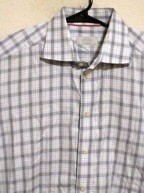 Eton Shirt Men 16.5 Long Sleeve Button White Black Blue Striped